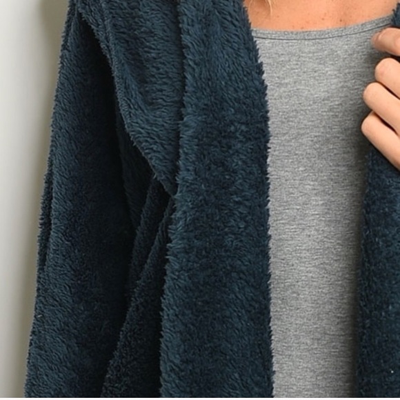 LAST ONE! Fuzzy Sherpa Hooded Cardigan Dark Teal - Picture 2 of 4